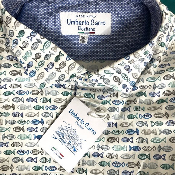 Umberto Carro Positano Shirt 50/20.5 Long Sleeve Button Up Fish Print Flip Cuff - Picture 6 of 8
